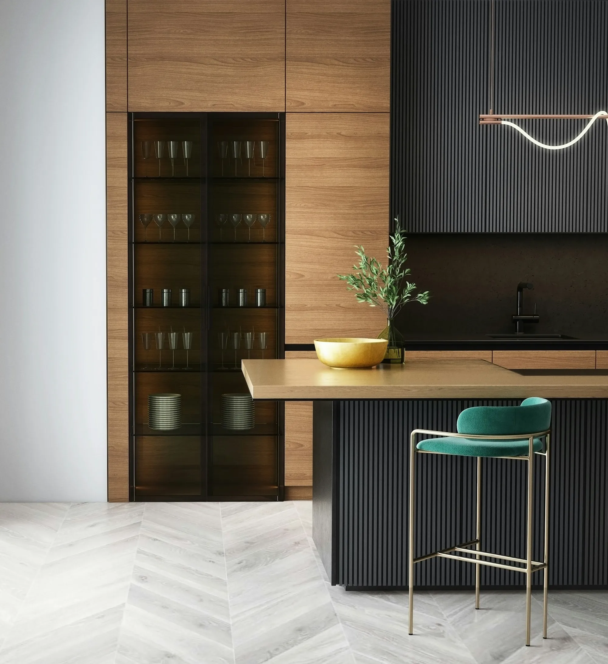 Timber kitchen with a glass display cabinet and a black fluted island