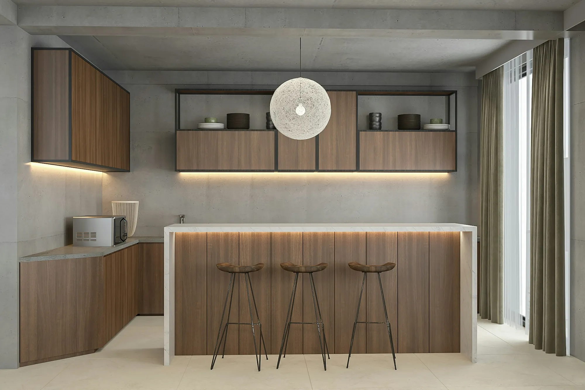 Timber cabinetry with a pale island and bar stools against a concrete wall