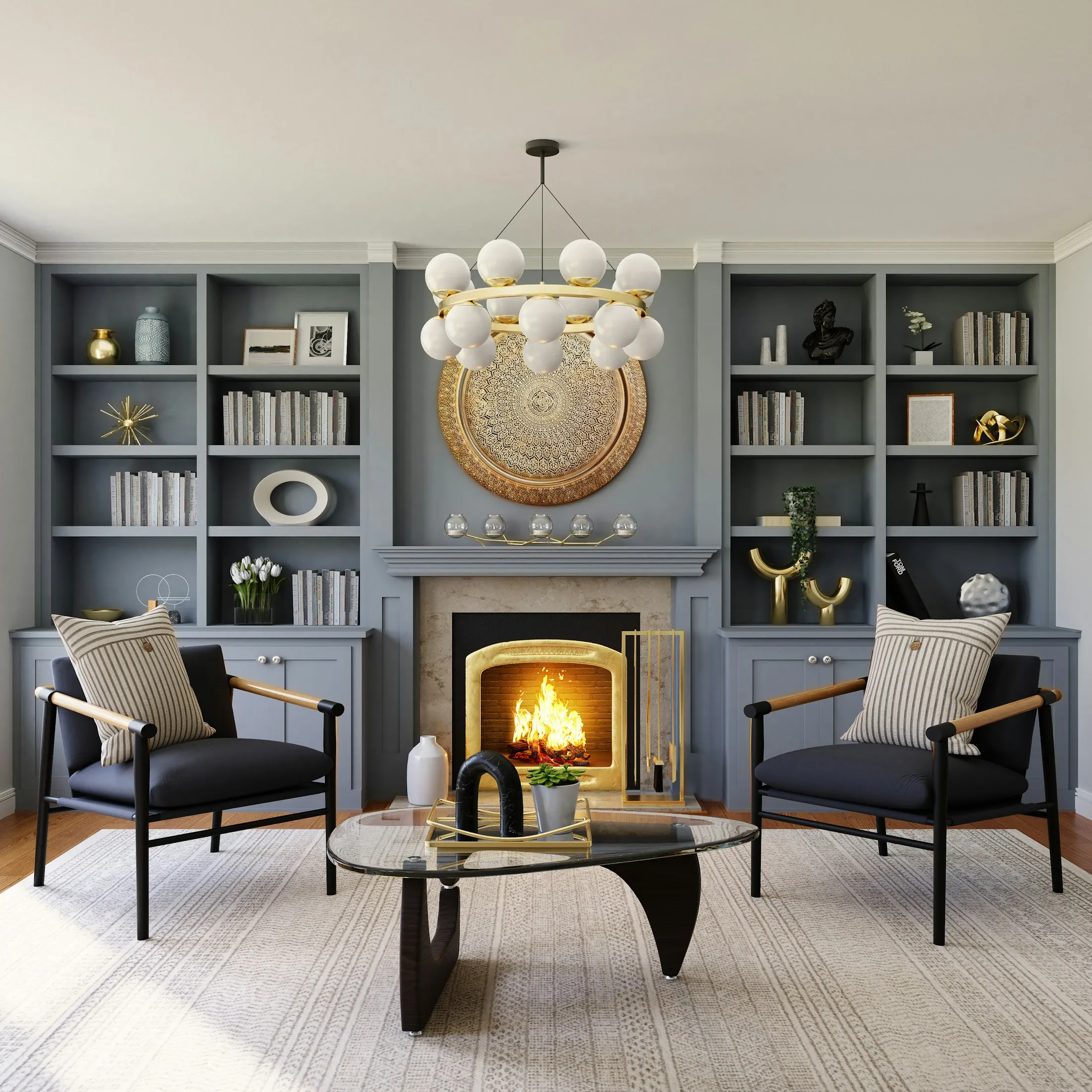 Grey-blue alcove cabinets either side of a fireplace