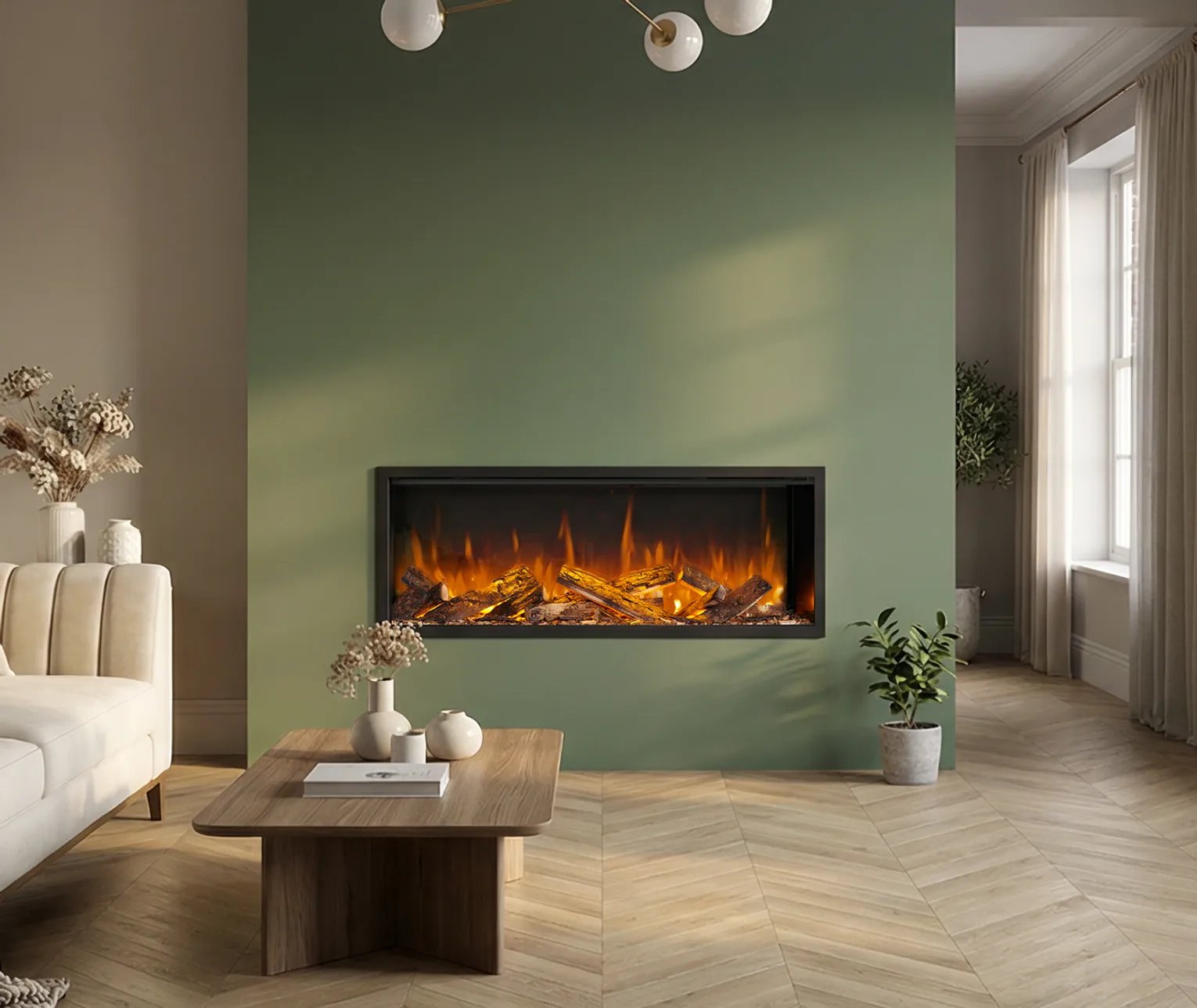 British Fires inset electric fire on a sage green wall in a living room