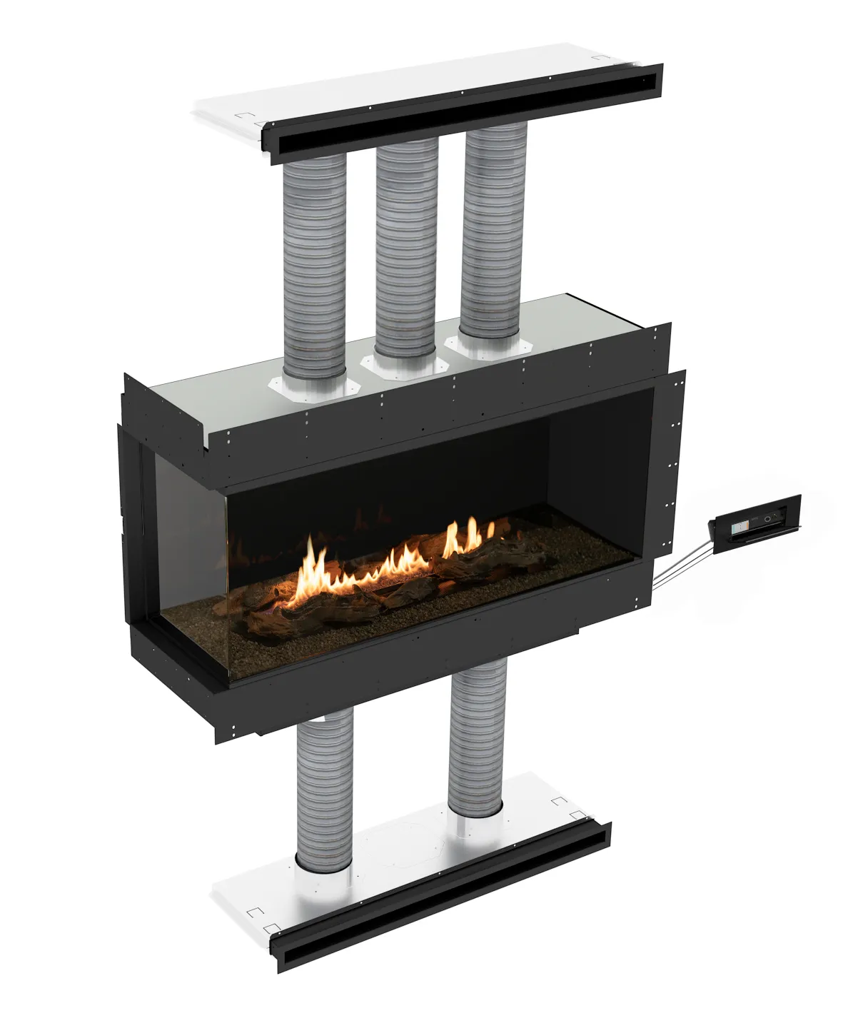 Planika Panorama corner fireplace insert with flue connections