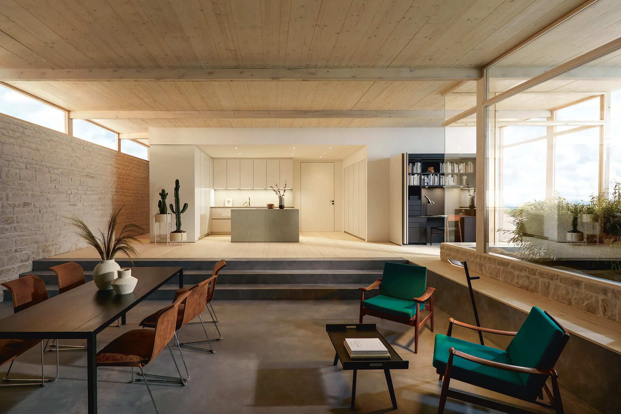 Sage and cream kitchen with a sunlit dining area