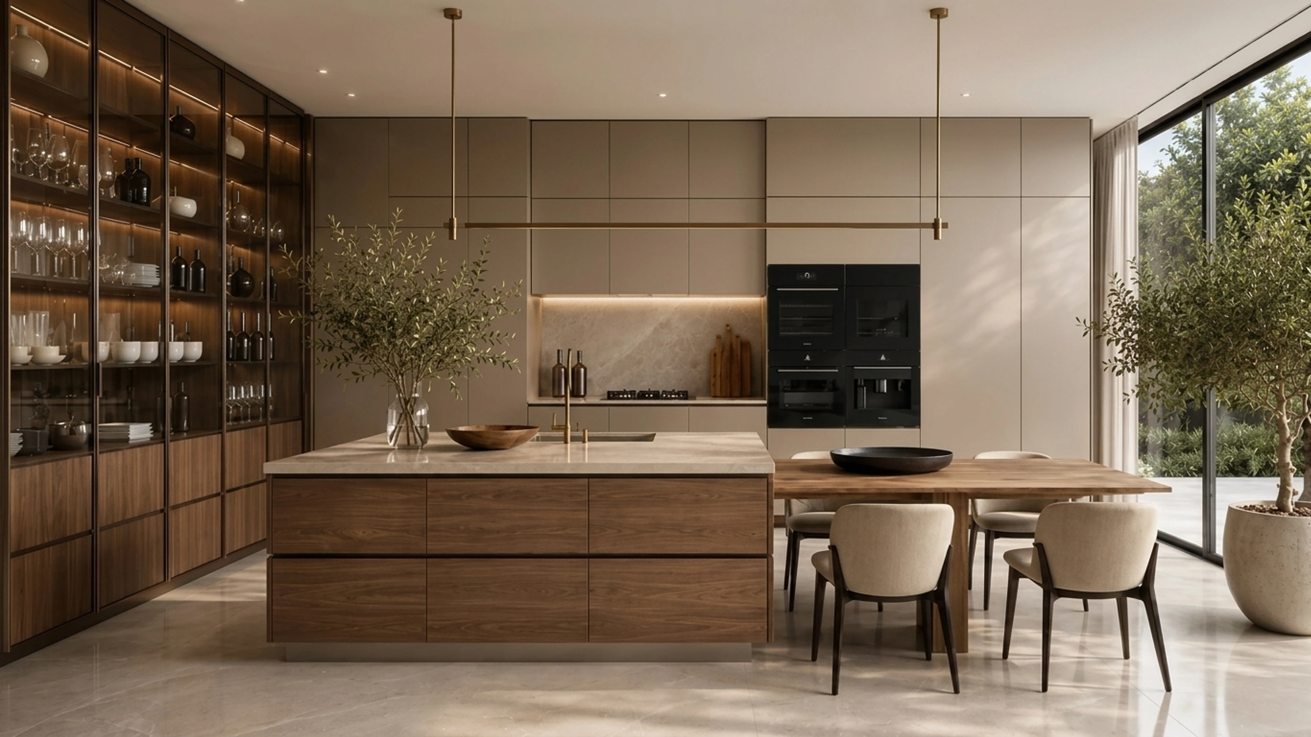 Contemporary kitchen with a walnut island, stone worktop, glass-fronted display cabinets, black built-in ovens and a dining table beside floor-to-ceiling windows