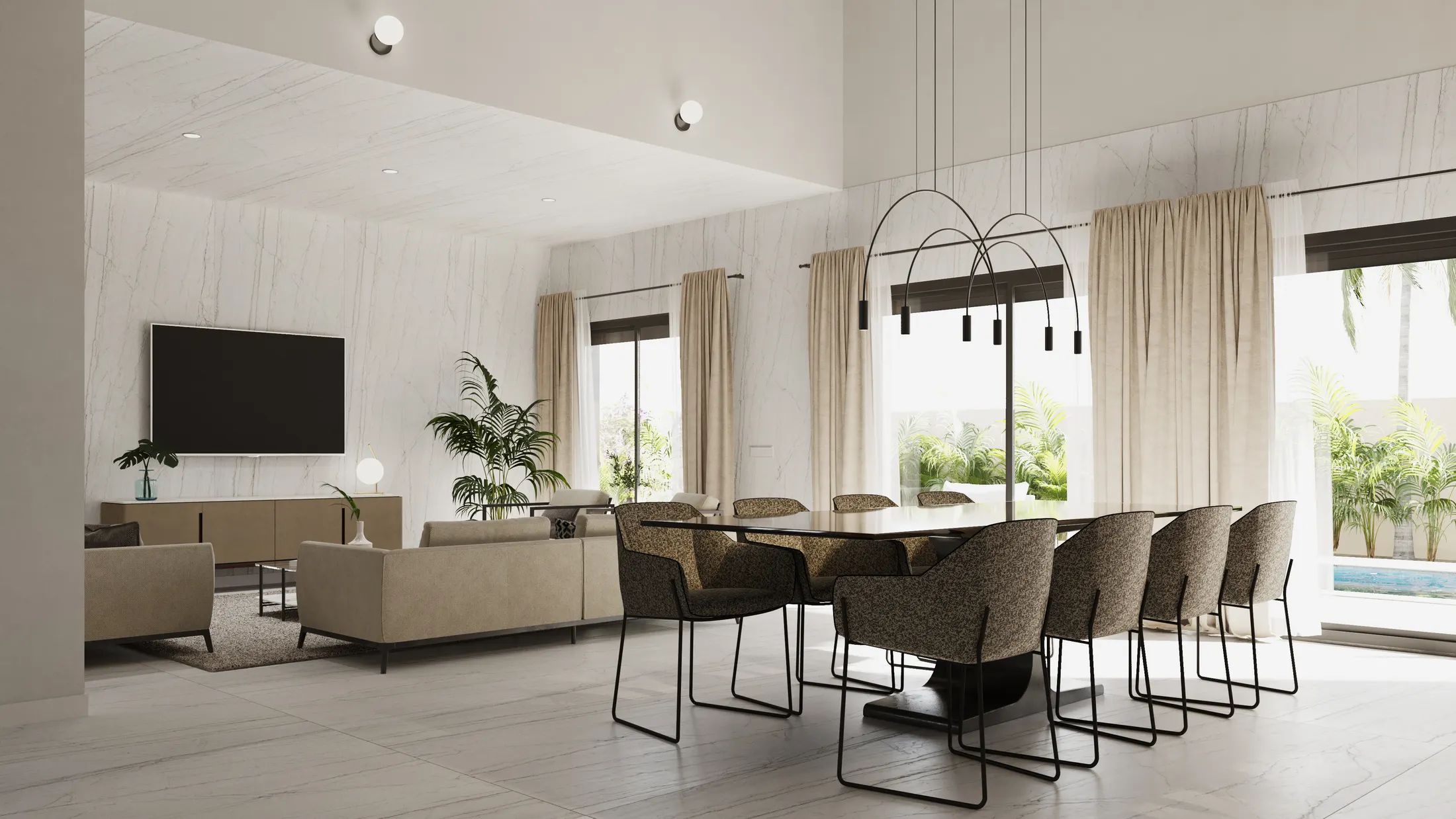 Open-plan living and dining space with a wall-mounted television and sheer curtains