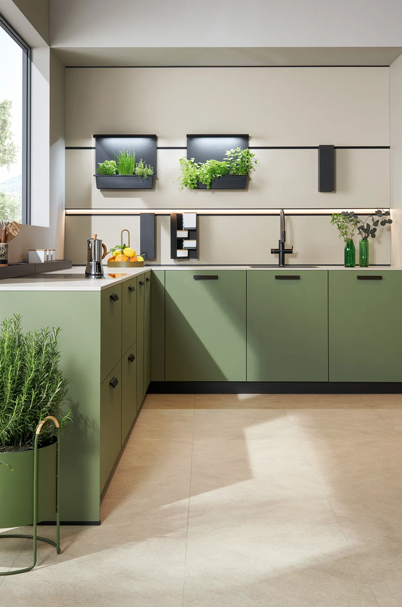 Sage green kitchen cabinetry with a tap and sink