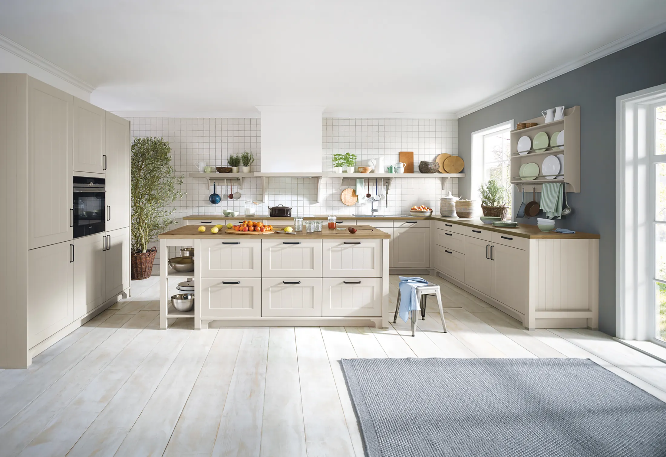 Shaker-style kitchen with a light central island