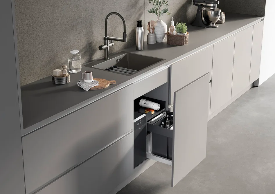 BLANCO CHOICE Icona tap and sink set into a long grey kitchen run