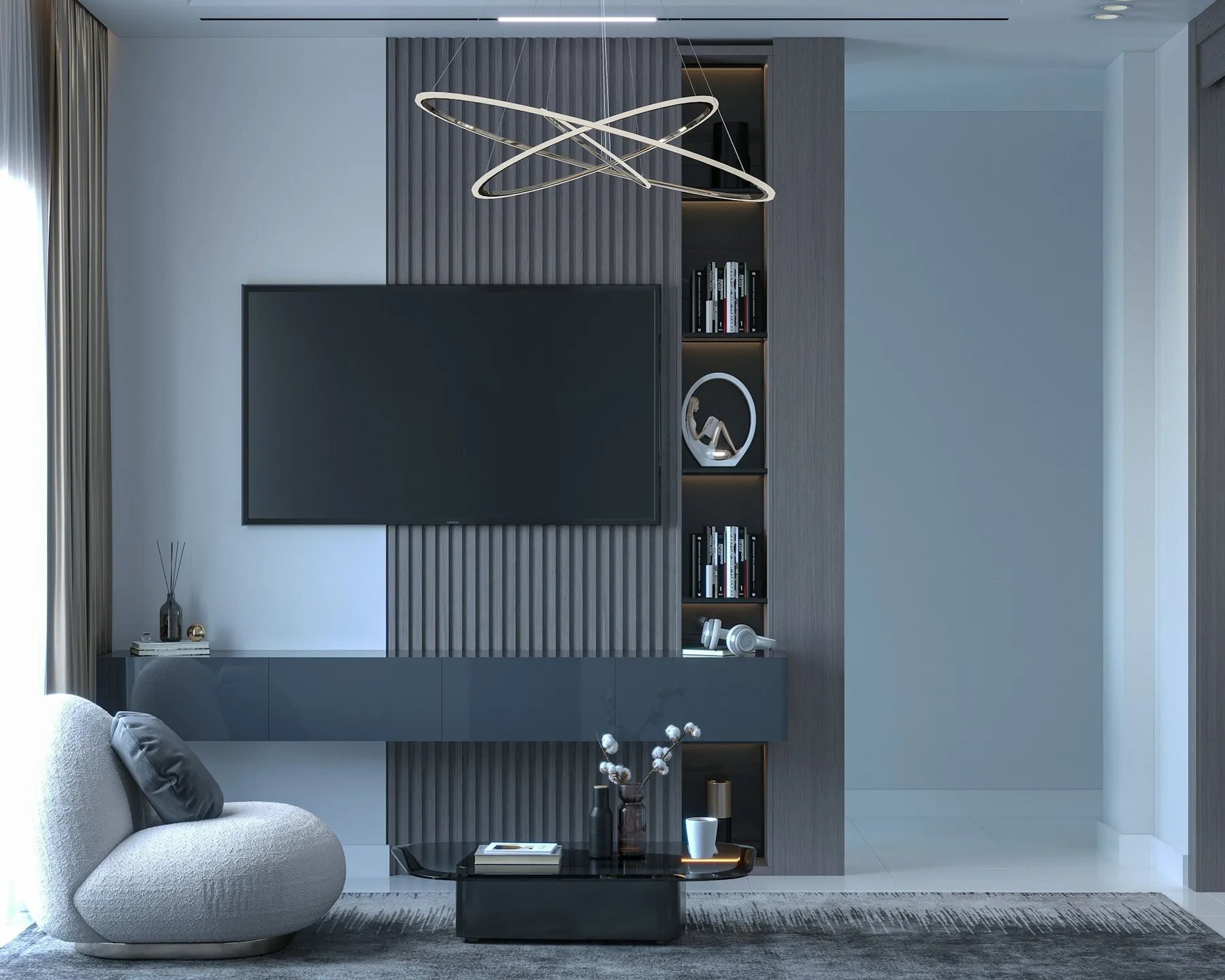 Grey media wall with a wall-mounted television and open shelving