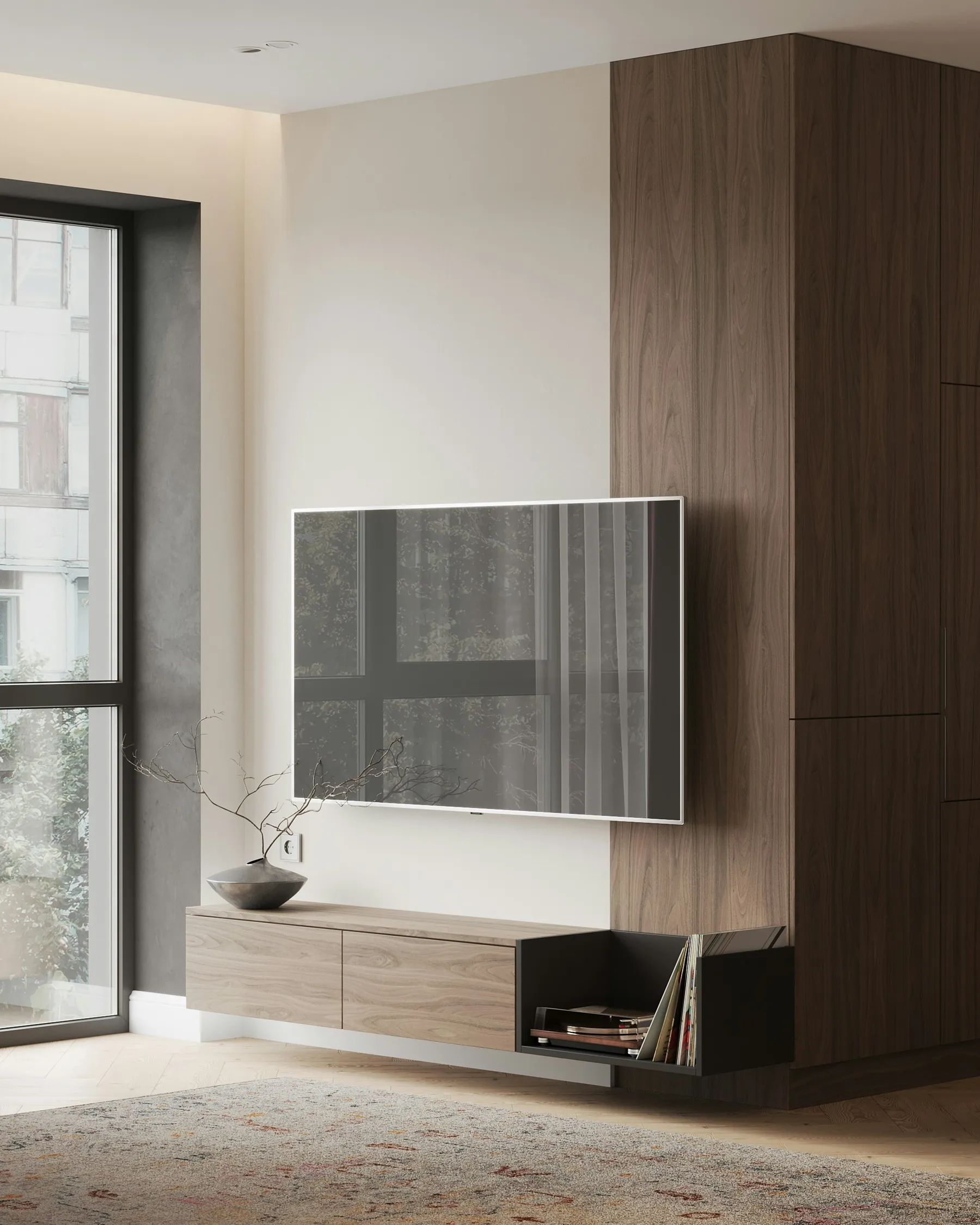 Wall-mounted television set into warm timber panelling