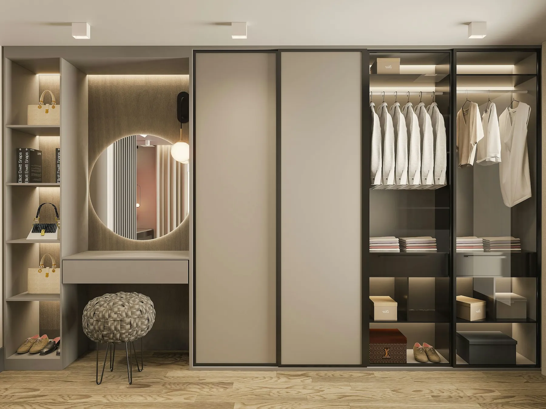 Fitted wardrobe with lit shelving, mirror and sliding doors