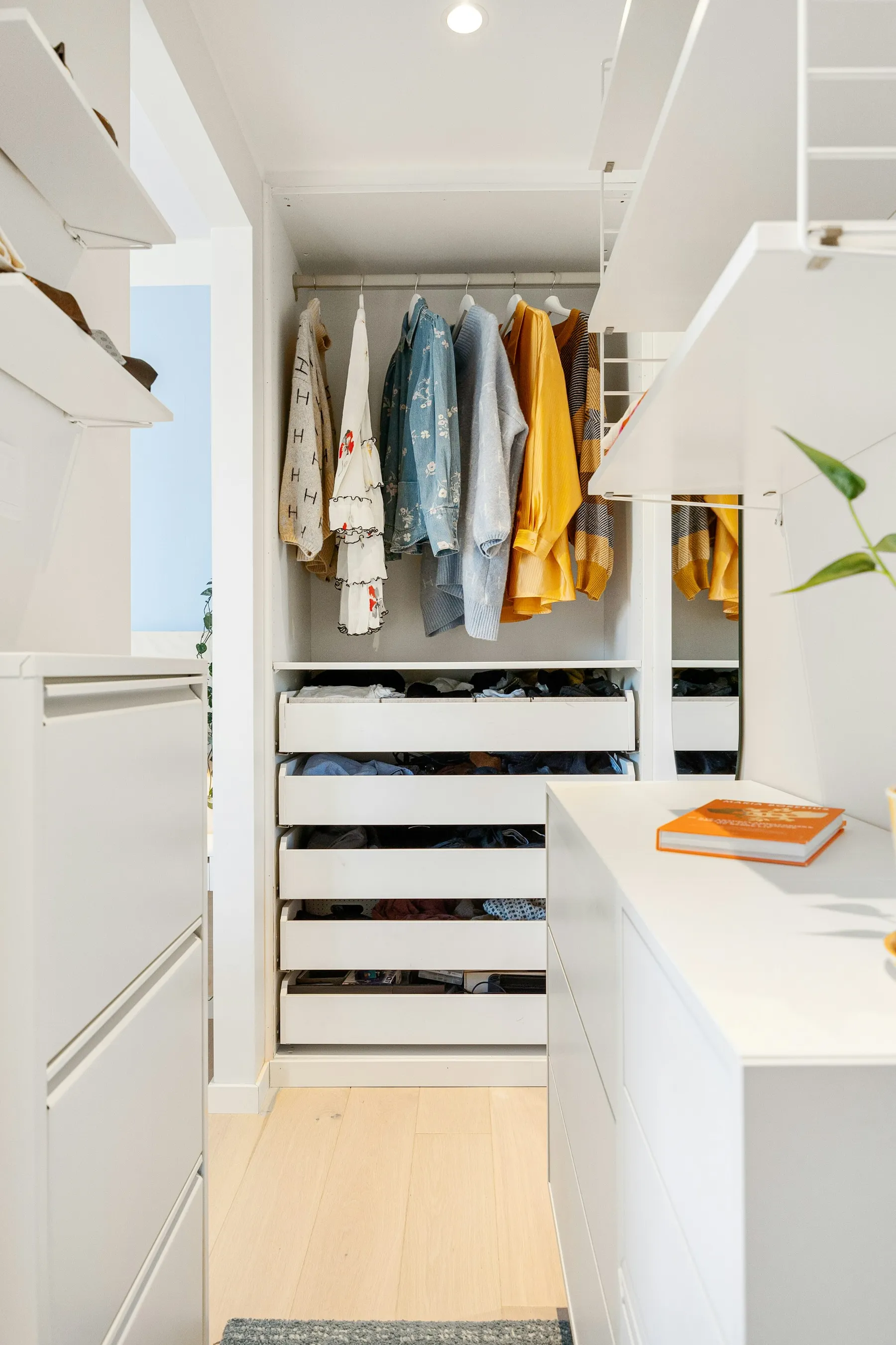 White wardrobe interior with hanging space and deep drawers