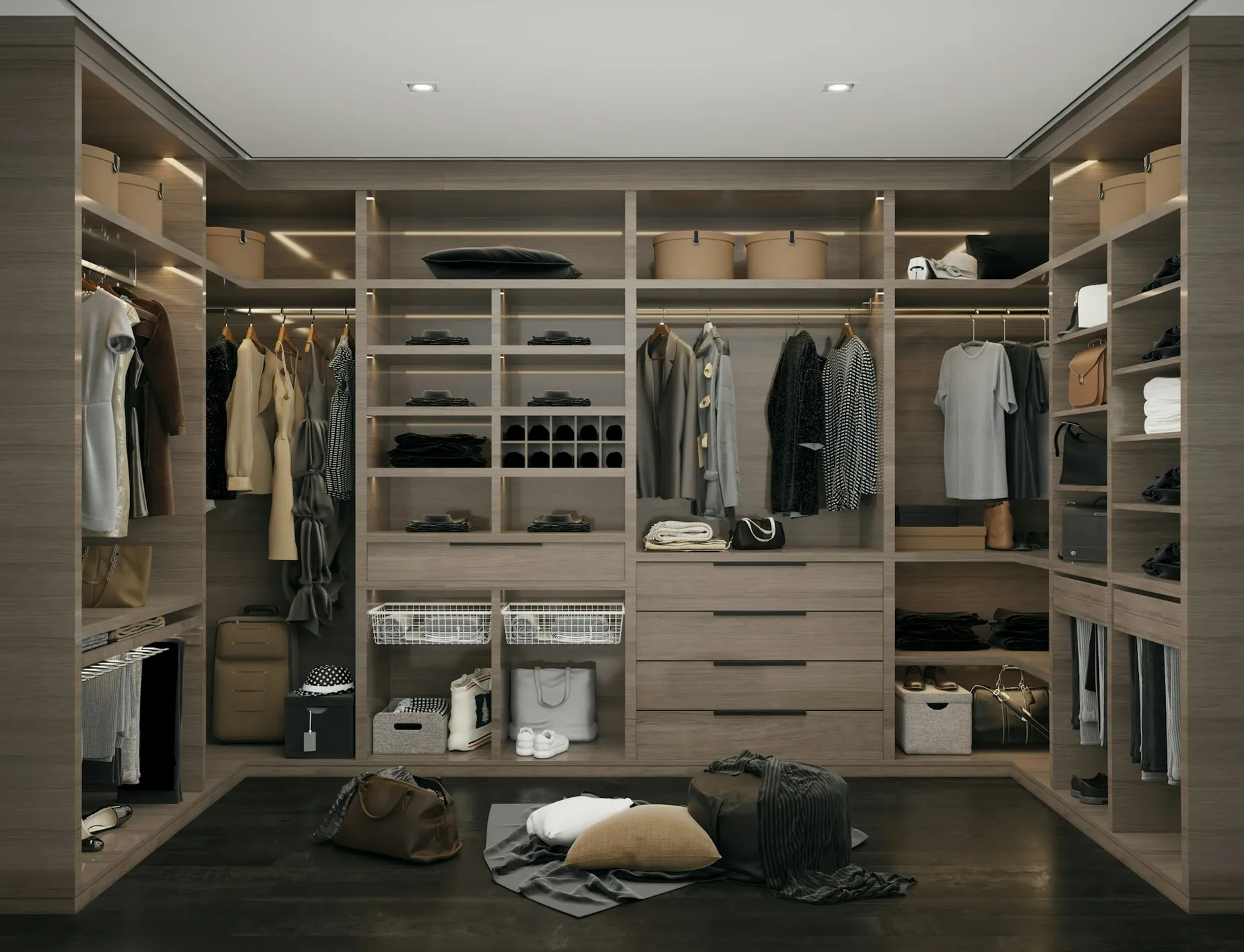 Large walk-in dressing room with shelving on three walls