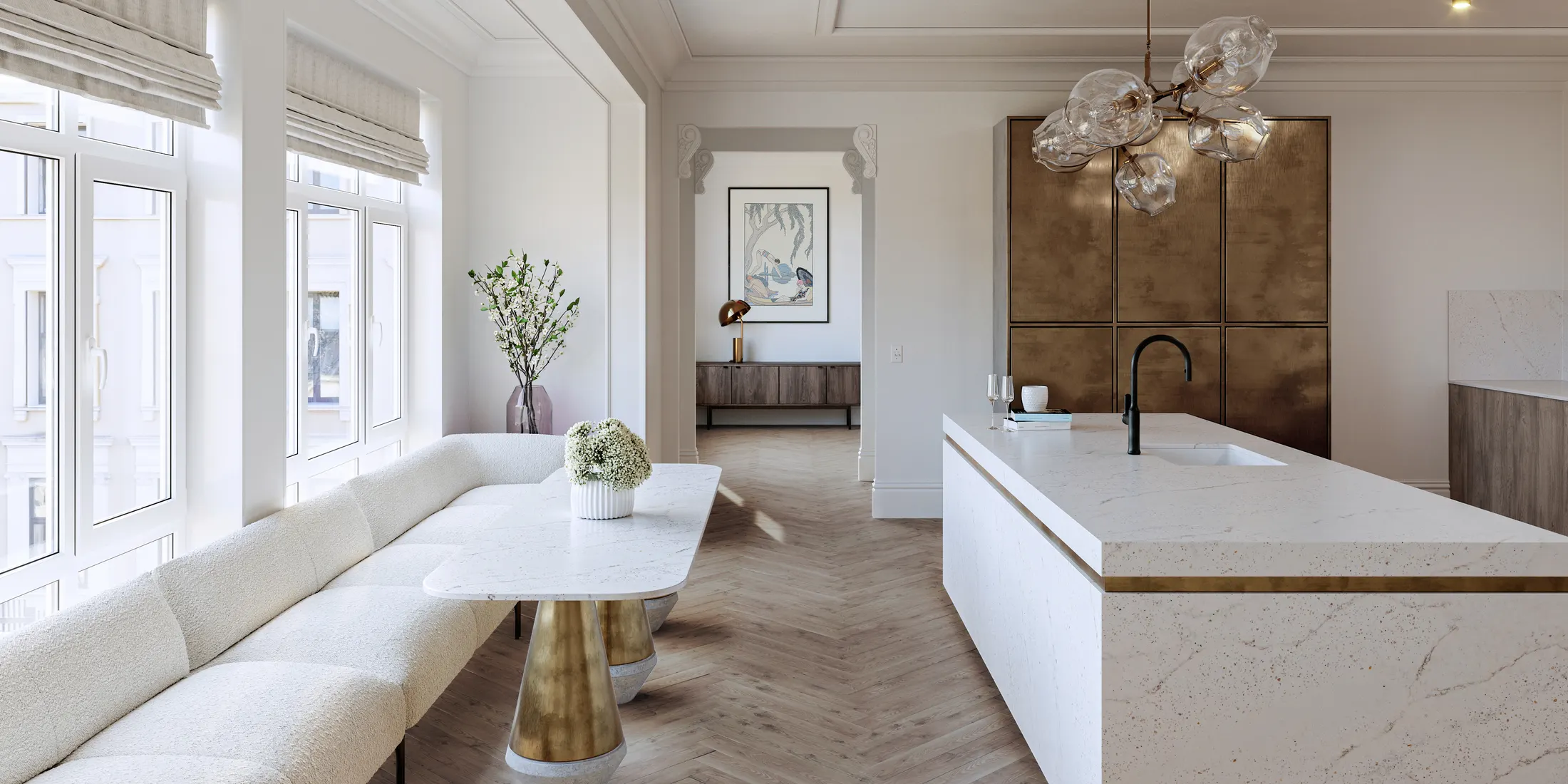 White stone kitchen island in a living space