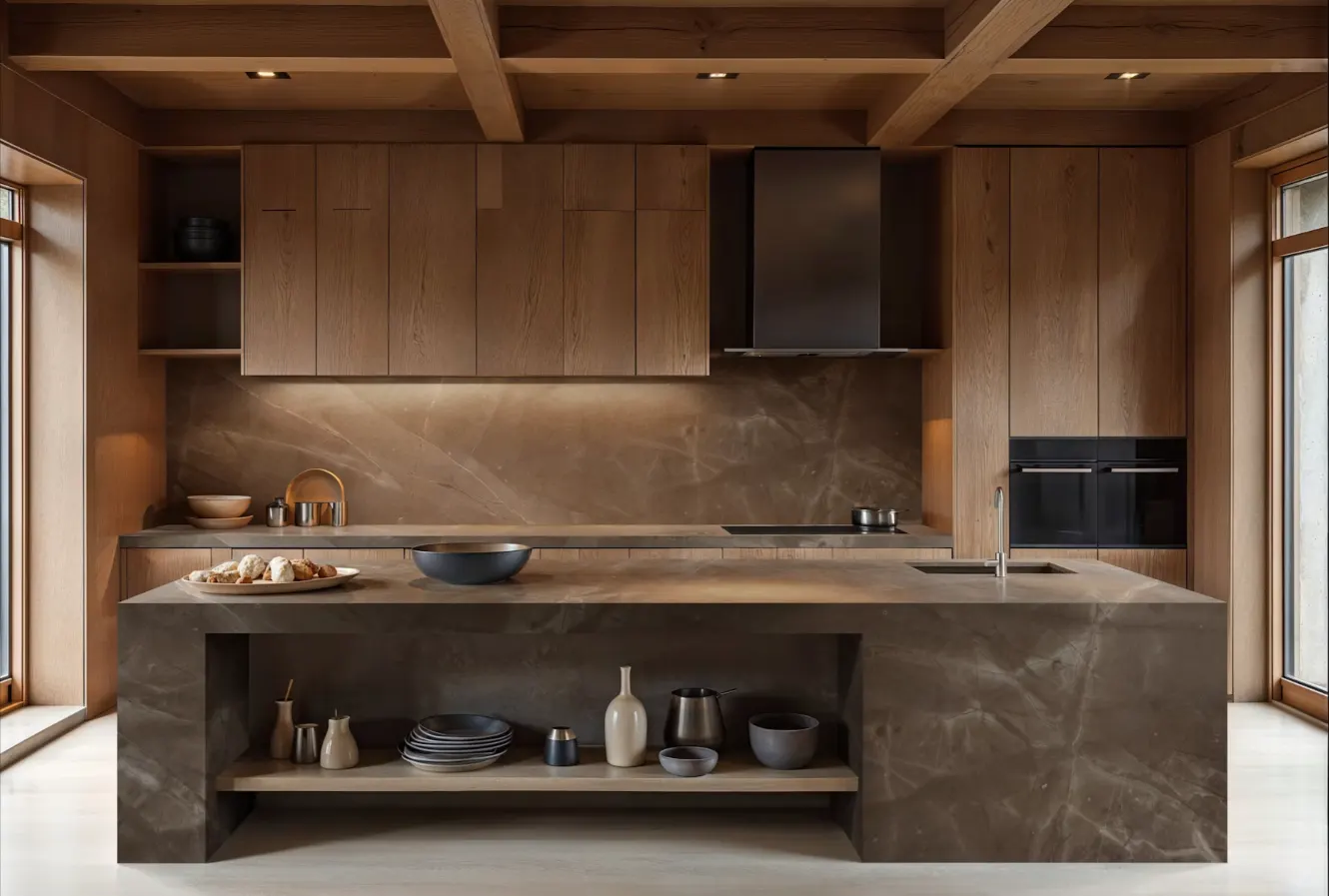 Natural marble surface in cream and brown tones